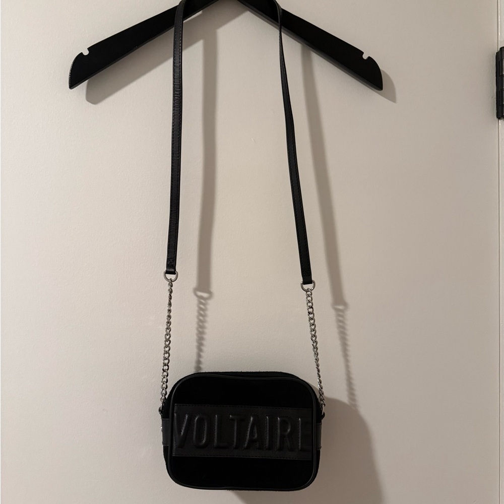 Zadig & Voltaire Black Suede Crossbody Camera Bag with Silver Chain
